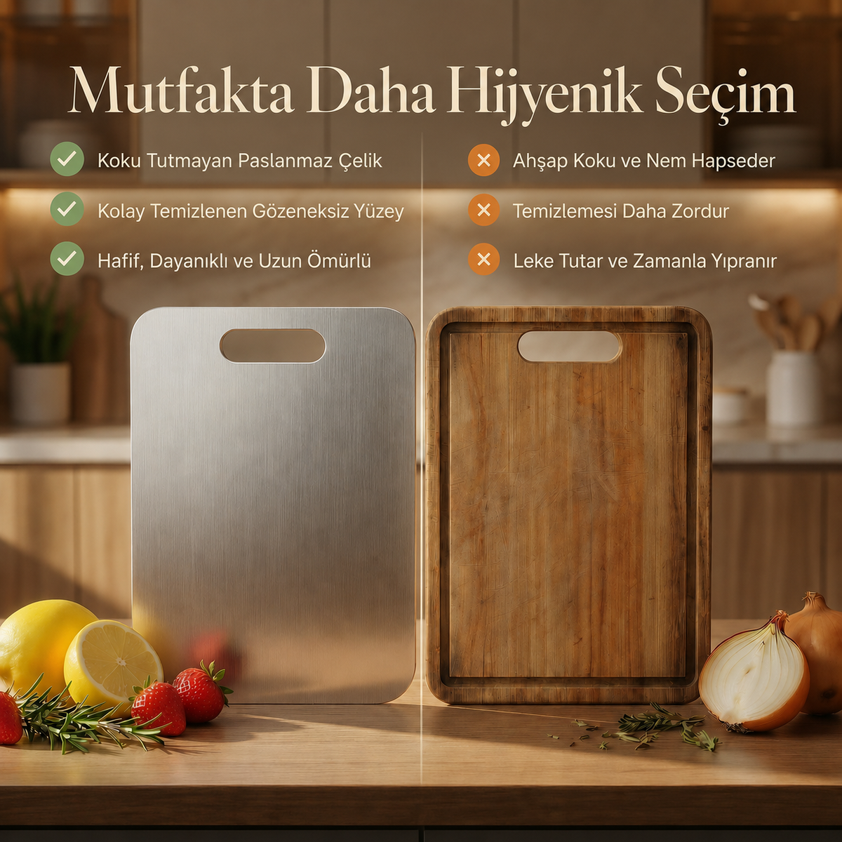 Mutfakly Saplı Paslanmaz Çelik Kesme Tahtası