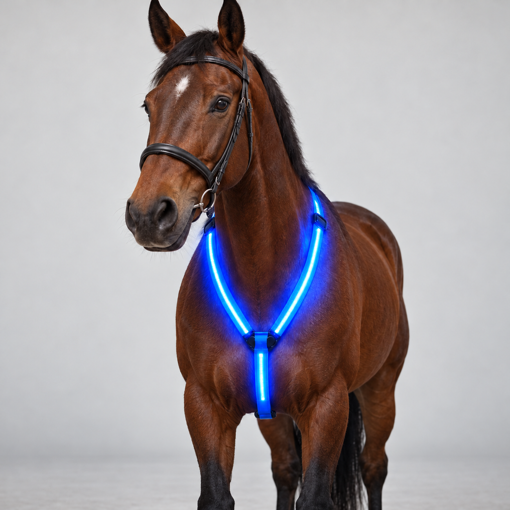 Bay horse wearing blue LED chest strap