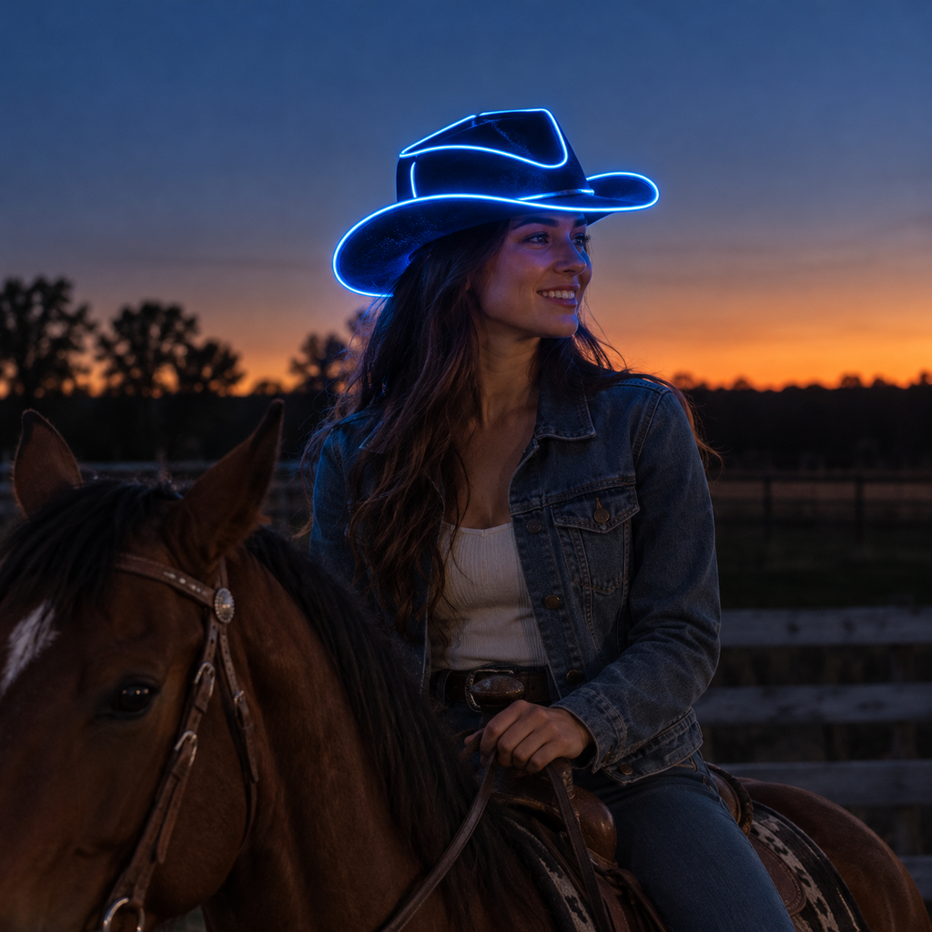Rider wearing LED cowboy hat
