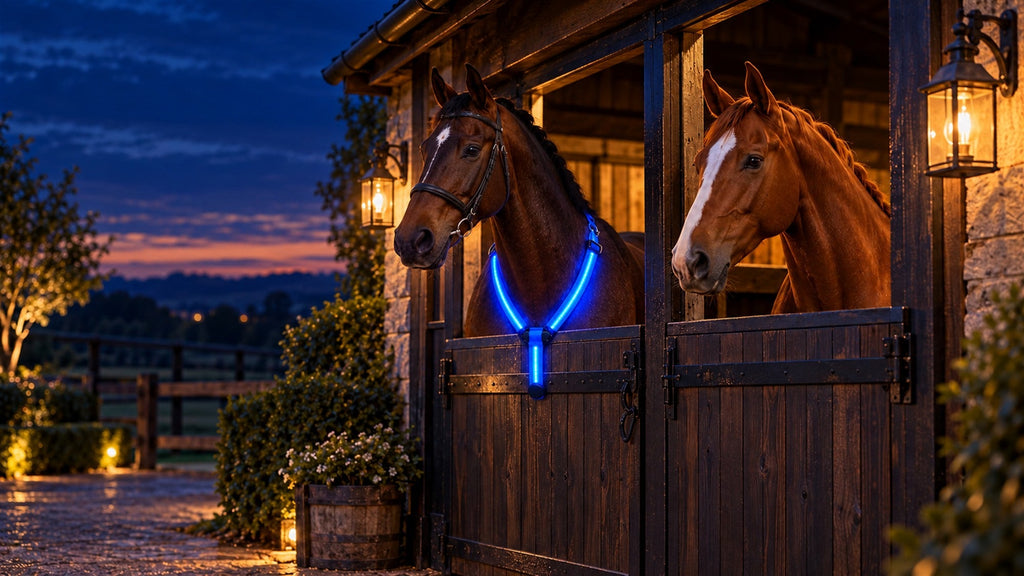 Stable yard at dusk with a horse wearing a glowing HaloTack chest strap