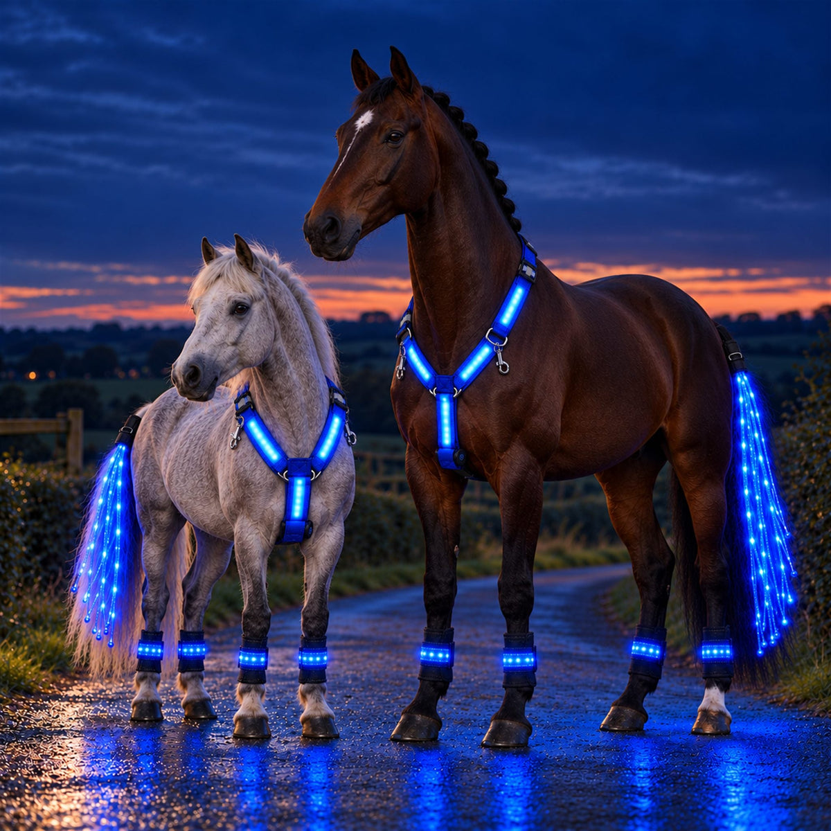 A pony and a warmblood wearing the same adjustable HaloTack kit