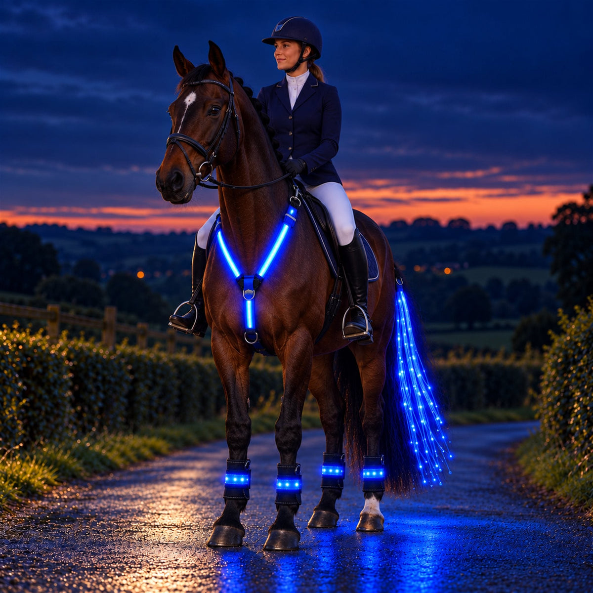 Rider on a bay horse wearing the glowing chest strap at dusk