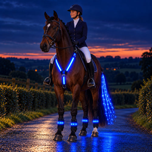 Rider on a bay horse wearing the glowing chest strap at dusk