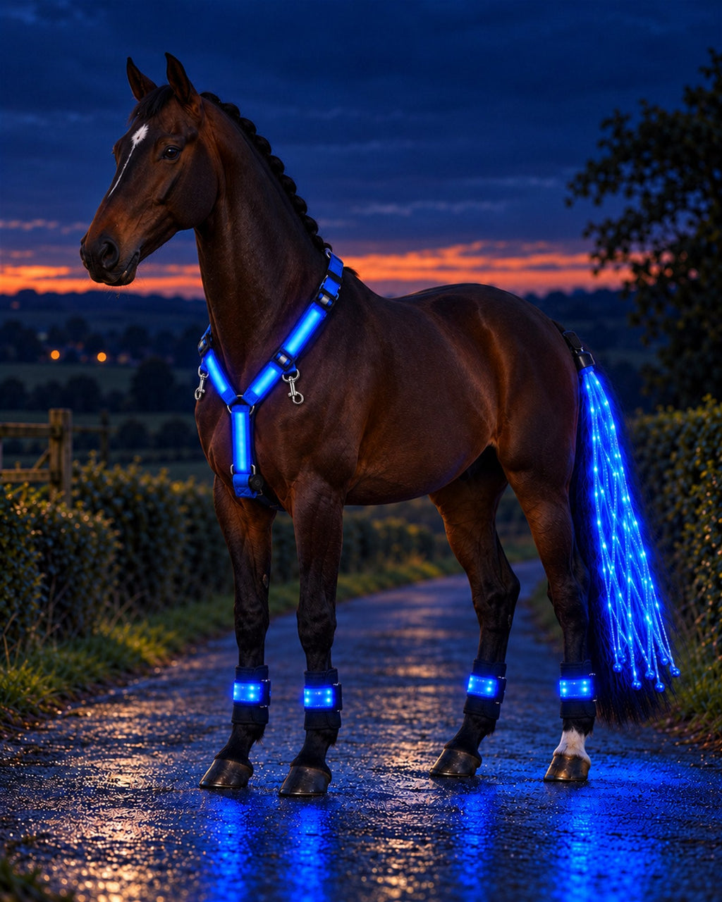 Horse wearing the HaloTack kit glowing blue