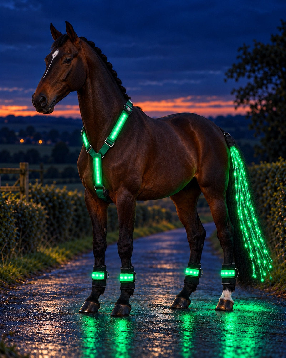 Horse wearing the HaloTack kit glowing green