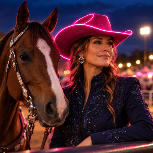 Rider wearing the HaloTack light-up cowboy hat at an evening show