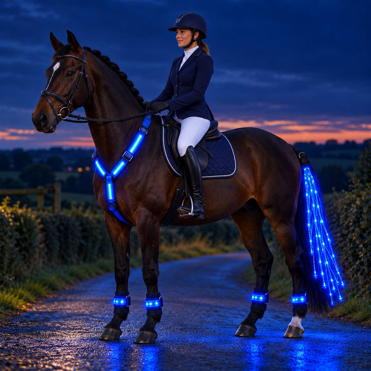 Rider on a bay horse wearing the full HaloTack kit at dusk