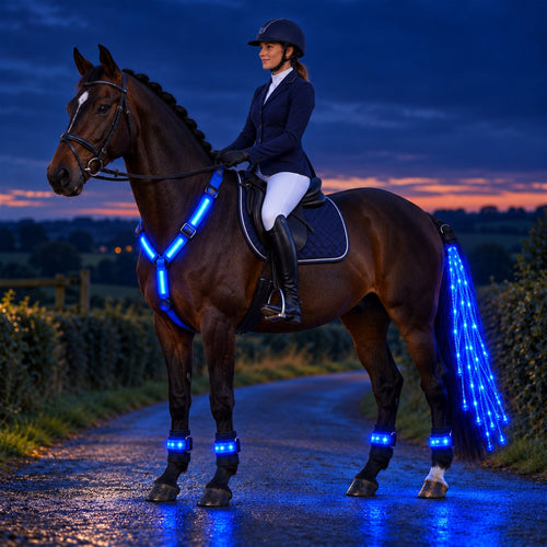 Rider on a bay horse wearing the full HaloTack kit at dusk