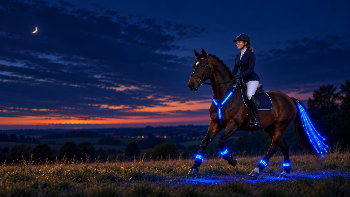 Rider cantering at dusk with the HaloTack kit glowing blue