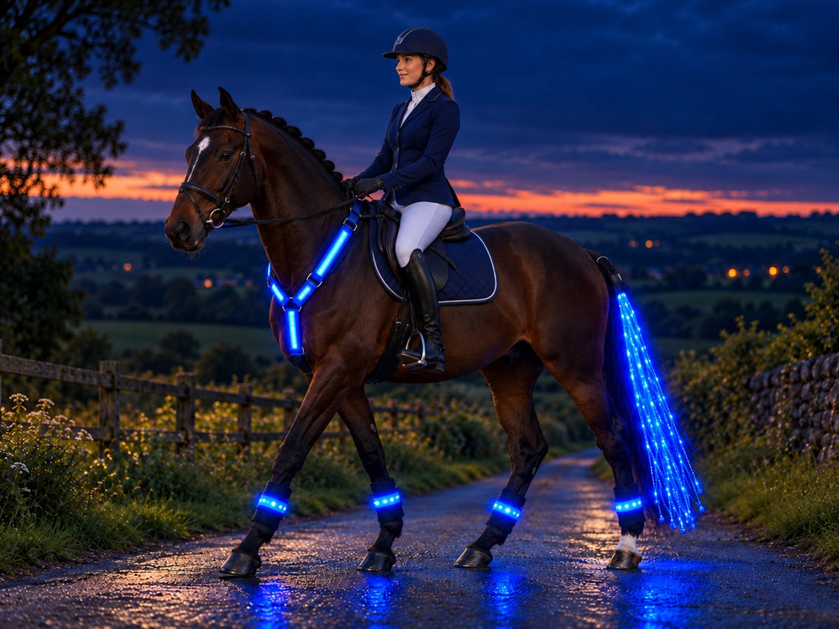 Rider and horse glowing on a dusk trail
