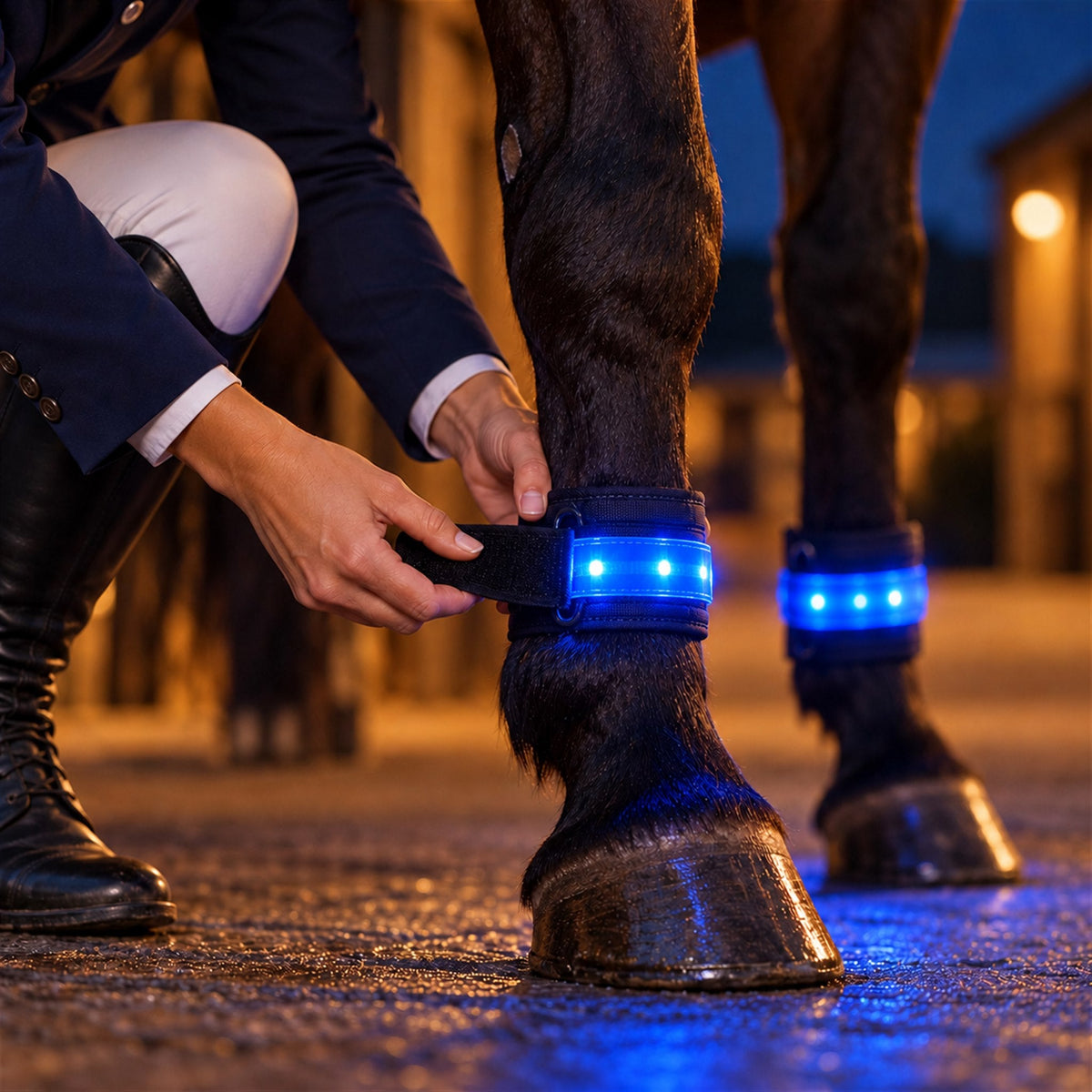Hands fastening an LED leg band above the fetlock