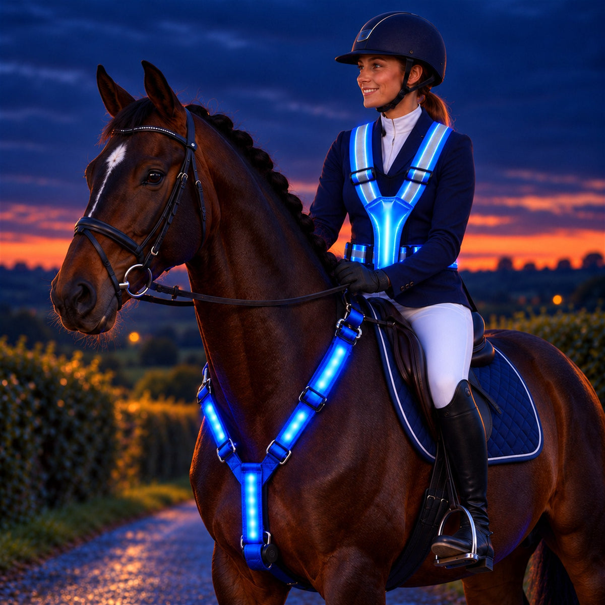 Rider wearing the glowing vest with matching horse kit