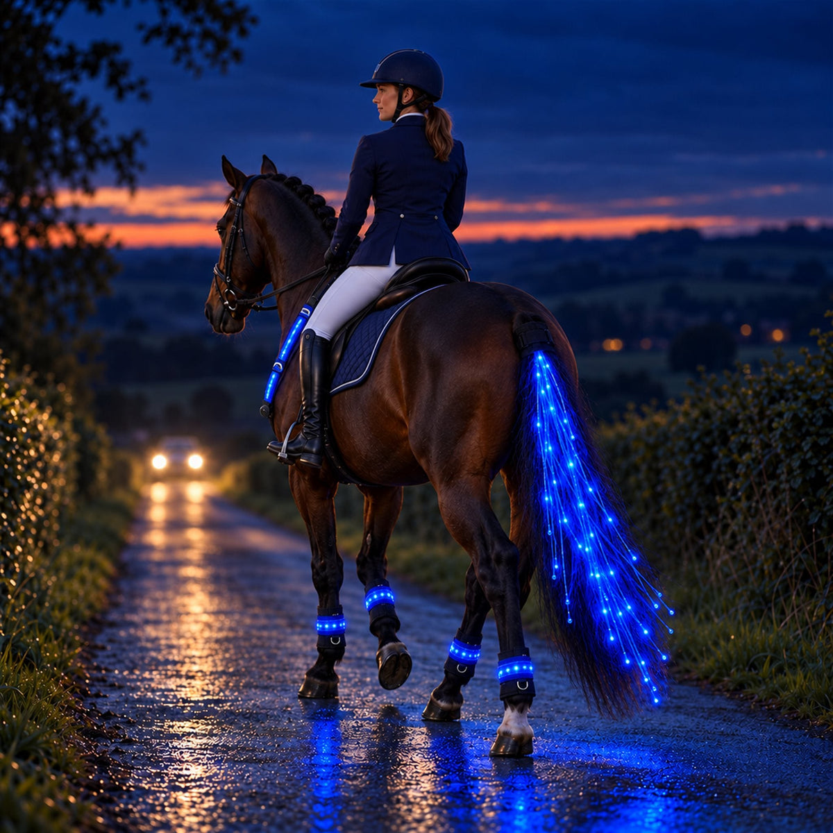 Horse walking away on a lane with glowing tail light